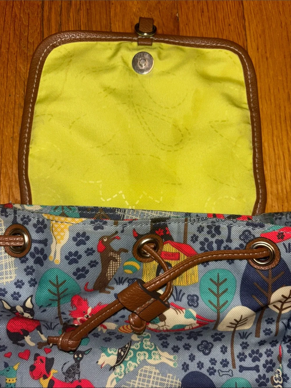 Lily Bloom Multicolor Dog-Print Canvas Backpack with Brown Trim